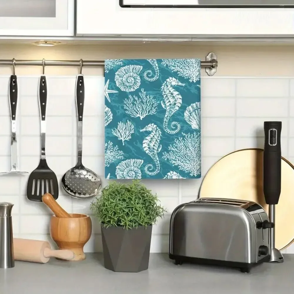 Nautical Sea Life Seahorse Kitchen Dish Towels 2pc Blue White 16 x 24-inch Gift